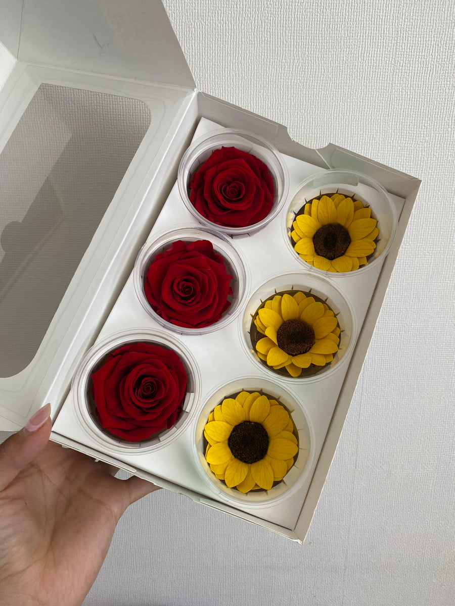 Caja de rosas y girasoles eternos individuales